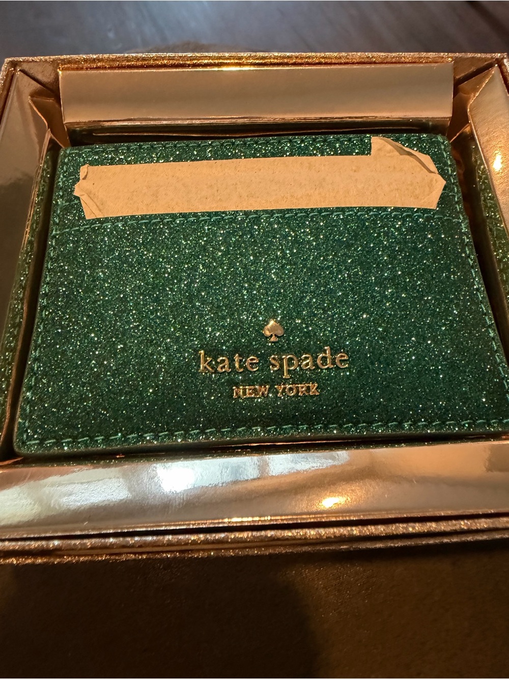 kate spade Emerald Green Glimmer Glitter Slim Card Holder Gold Logo Gift Boxed